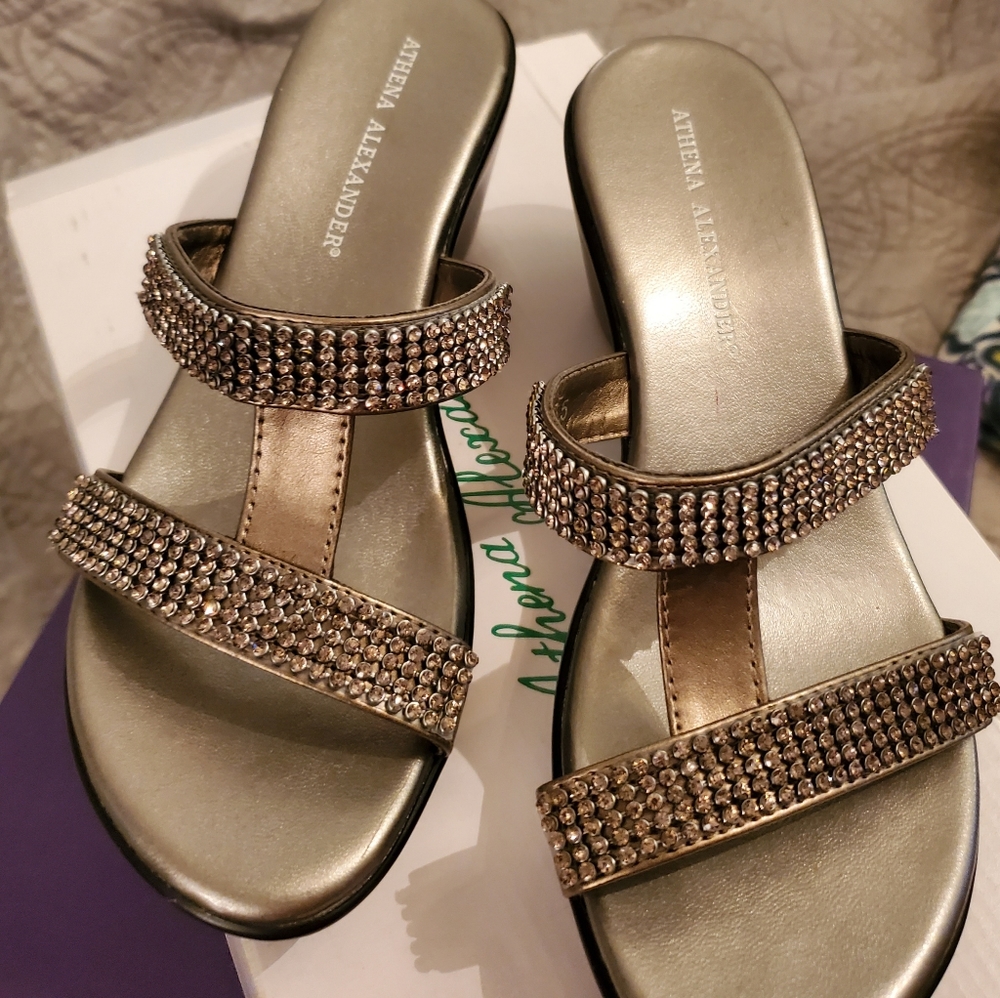 Pewter colored rhinestone sandals
